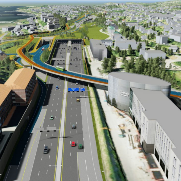 E18 Vestkorridoren, illustrasjon av ny motorvei mellom Lysaker og Ramstadsletta. Ingenia var rådgivende ingeniør for tunnelventilasjon