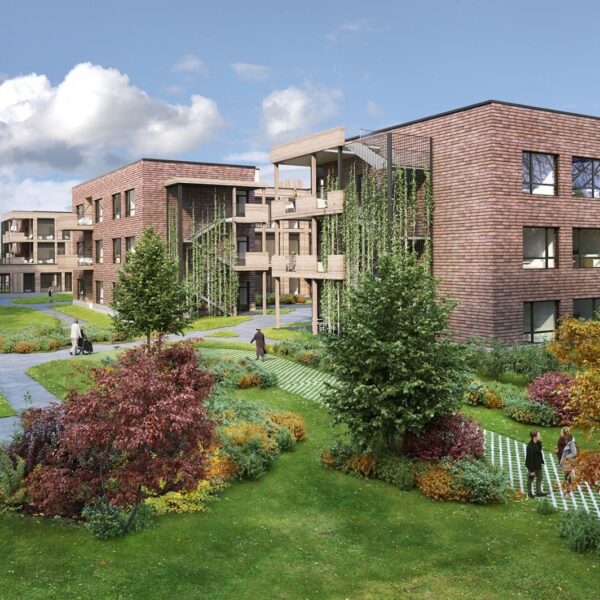 Nygård sykehjem i Sandefjord, illustrasjon av bygg og hage. Ingenia var rådgivende ingeniør for slokkeanlegg, ITB og automasjon og vann og avløp