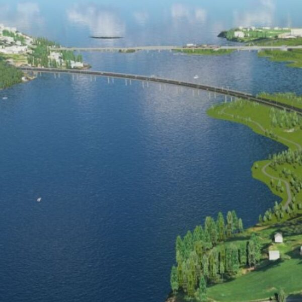 Ringeriksbanen og E16, illustrasjon av trasé over Steinsfjorden. Ingenia var rådgivende ingeniør for ventilasjon og tunnelventilasjon
