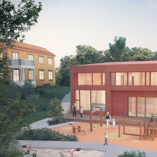 Askeveien barnehage, illustrasjon av barnehagen med lekeplass. Ingenia var rådgivende ingeniør for ITB og automasjon