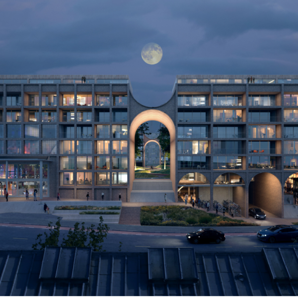 Nedre Valle i bydel Ensjø, illustrasjon av boligkvartal ved kveld. Ingenia var rådgivende ingeniør for vann og avløp