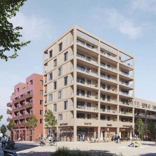 Fokusgården på Sørumsand, illustrasjon av boligbygg med kafé. Ingenia var rådgivende ingeniør for vann og avløp