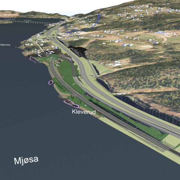 Intercity Dovrebanen Kleverud-Sørli, kart over ny trasé ved Mjøsa. Ingenia var rådgivende ingeniør for VVS, ventilasjon og tunnelventilasjon