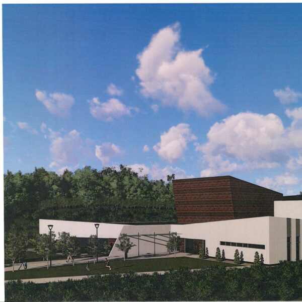 Orneshaugen forsamlingshus, illustrasjon av bygget i landskapet. Ingenia var rådgivende ingeniør for slokkeanlegg