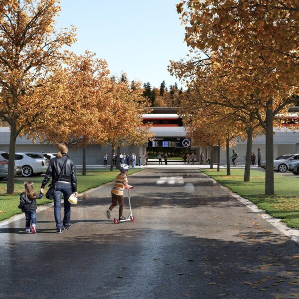 Intercity Vestfoldbanen, illustrasjon av ny stasjon med trerekker. Ingenia var rådgivende ingeniør for tunnelventilasjon