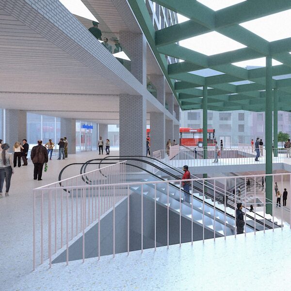 Nye Majorstuen stasjon, illustrasjon av reisetorg med rulletrapper. Ingenia var rådgivende ingeniør for CFD og tunnelventilasjon