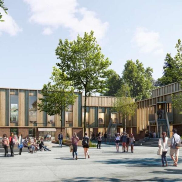 Bekkestua ungdomsskole, illustrasjon av skolegård med elever. Ingenia var rådgivende ingeniør for VVS, vann og avløp og bygningsfysikk