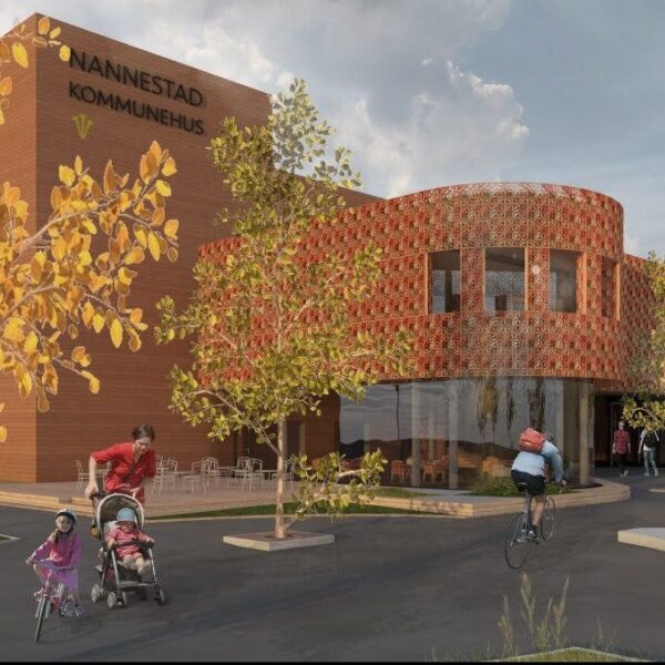 Nannestad kommunehus, illustrasjon av nytt bygg i tegl. Ingenia var rådgivende ingeniør for VVS, vann og avløp og ITB og automasjon