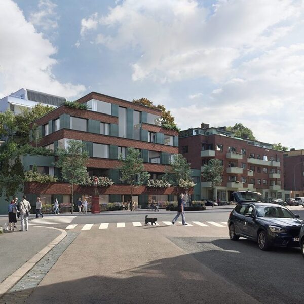 Balders gate 28 i Oslo, illustrasjon av nytt boligbygg. Ingenia var rådgivende ingeniør for overvann og vann og avløp