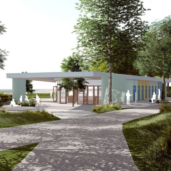Huk servicebygg, illustrasjon av nytt bygg ved stranden. Ingenia var rådgivende ingeniør for vann og avløp
