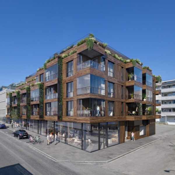 Kvartal Stortorget Kuben i Lillehammer, illustrasjon av bygård med grønne tak. Ingenia var rådgivende ingeniør for ventilasjon