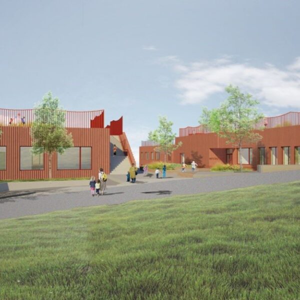 Refstad skole, illustrasjon av ny skole i rød tegl. Ingenia var rådgivende ingeniør for ITB og automasjon