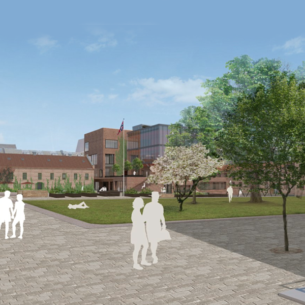 Myntgata 2, illustrasjon av plassen foran skolen. Ingenia var rådgivende ingeniør for brann, VVS og vann og avløp