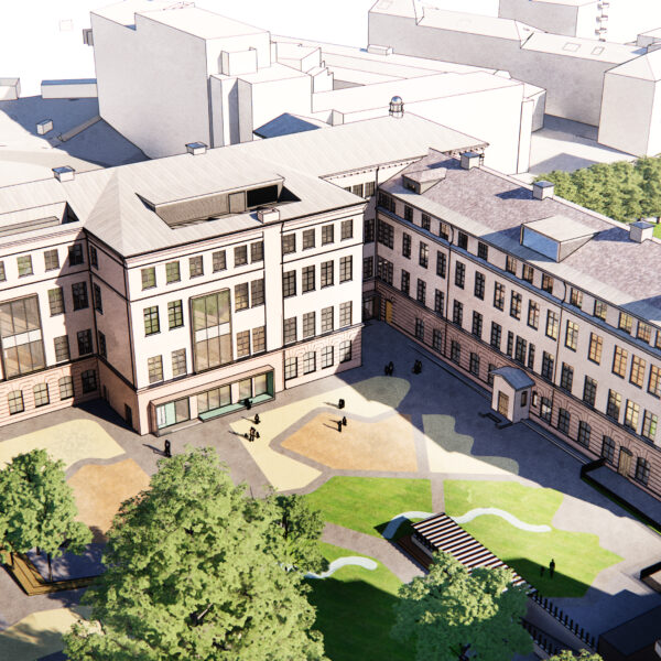 Sophies Minde, illustrasjon av rehabilitert bygg sett ovenfra. Ingenia var rådgivende ingeniør for vann og avløp