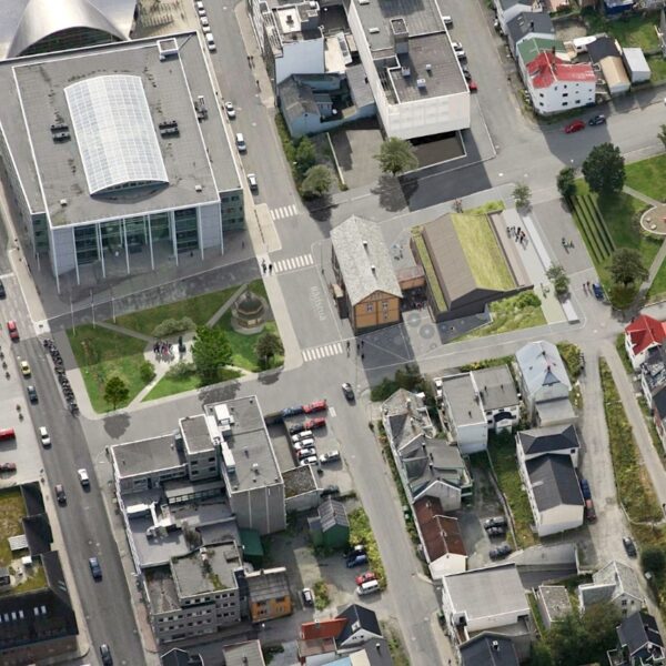 Rådstua teaterhus i Tromsø, flyfoto av kvartalet. Ingenia var rådgivende ingeniør for VVS, vann og avløp og overvann