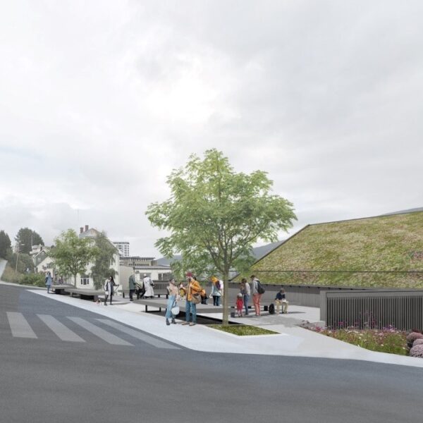 Rådstua teaterhus, illustrasjon av inngangen med grønt tak. Ingenia var rådgivende ingeniør for VVS, vann og avløp og overvann