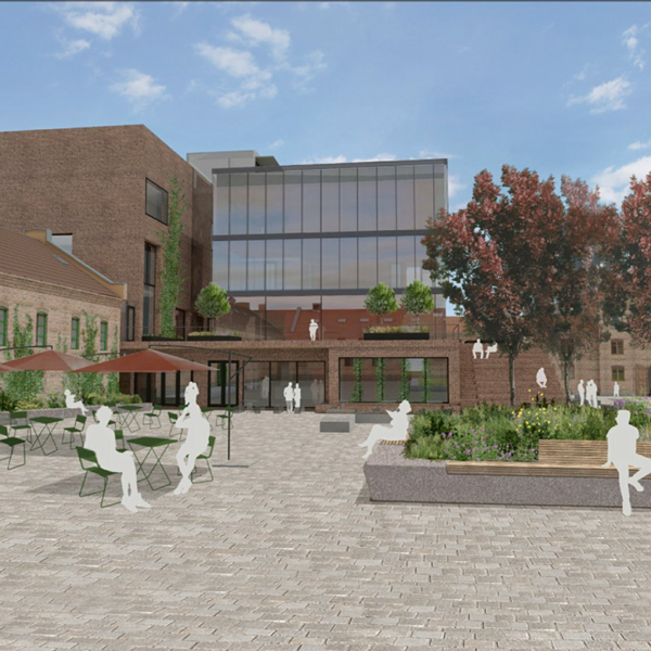 Myntgata 2 i Oslo, illustrasjon av skolegård med sitteplasser. Ingenia var rådgivende ingeniør for brann, VVS og vann og avløp