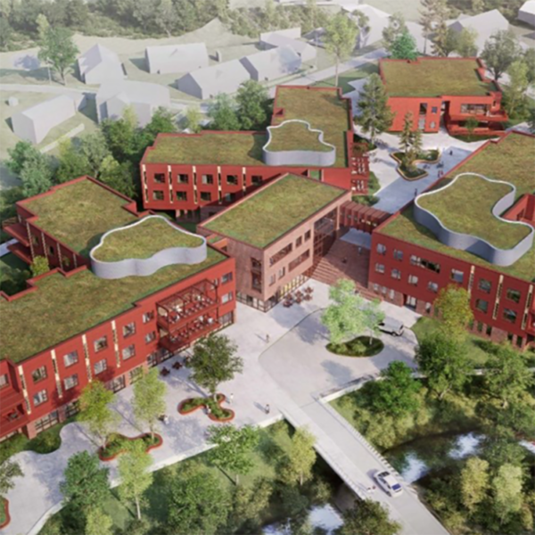 Sagatangen lokalmedisinske senter, illustrasjon sett ovenfra med grønne tak. Ingenia var rådgivende ingeniør for vann og avløp