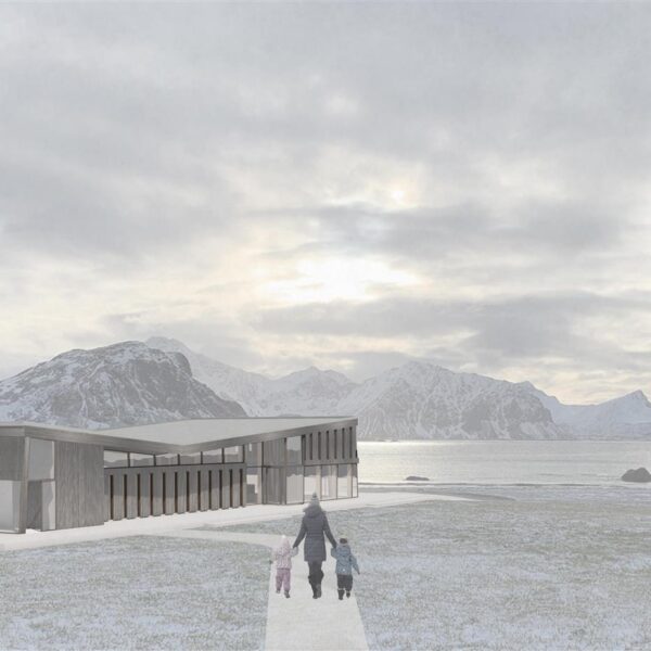 Besøkssenter Hauklandstranda i Lofoten, illustrasjon av bygget mot fjell og sjø. Ingenia var rådgivende ingeniør for vann og avløp