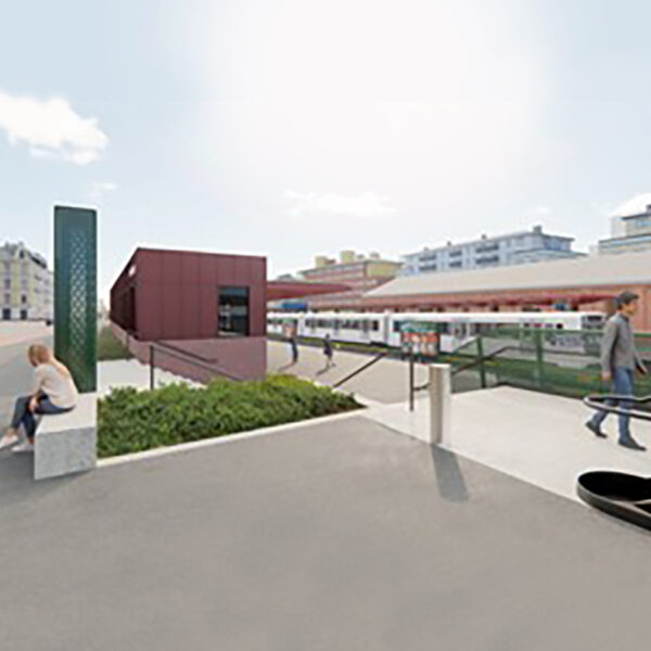 Majorstuen stasjon, illustrasjon av inngang og sitteplasser. Ingenia var rådgivende ingeniør for VVS, vann og avløp og bygningsfysikk