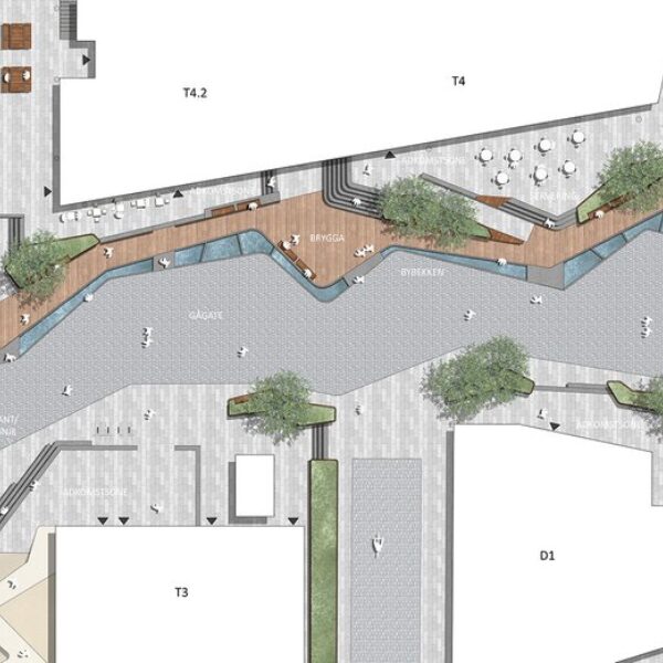 Strøkstorget i Lillestrøm, plantegning av gågate med bybekk. Ingenia var rådgivende ingeniør for vann og avløp