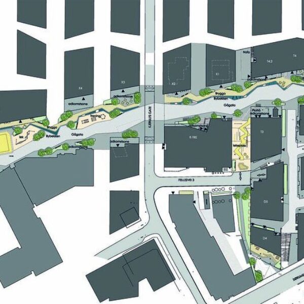Strøkstorget i Lillestrøm, oversiktsplan over bybekken. Ingenia var rådgivende ingeniør for vann og avløp