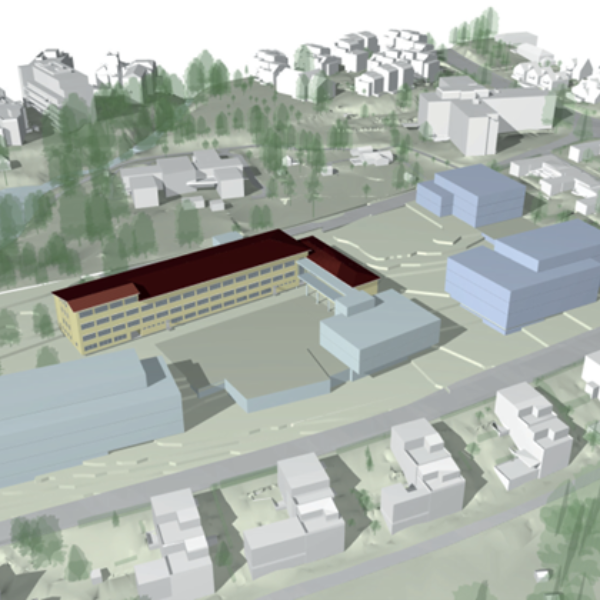 Smestad skole, 3D-modell sett fra sør. Ingenia var rådgivende ingeniør for miljø, vann og avløp og bygningsfysikk