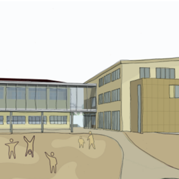 Flåtestad skole, skisse av tilbygg og skolegård