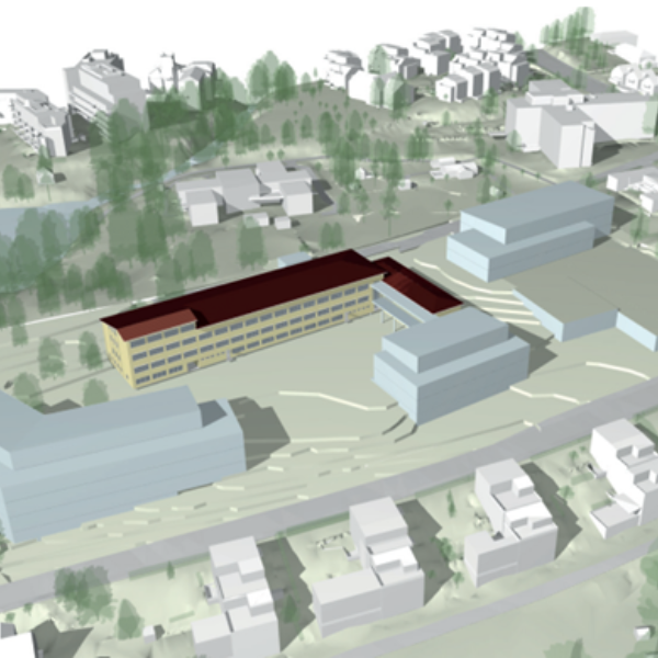Smestad skole, 3D-modell av tilbygg og nabolag. Ingenia var rådgivende ingeniør for miljø, vann og avløp og bygningsfysikk