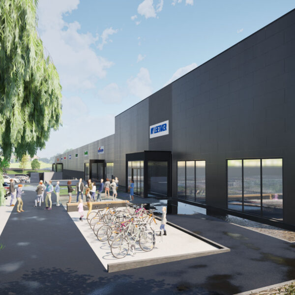Kongeveien 49, illustrasjon av nytt næringsbygg med sykkelparkering