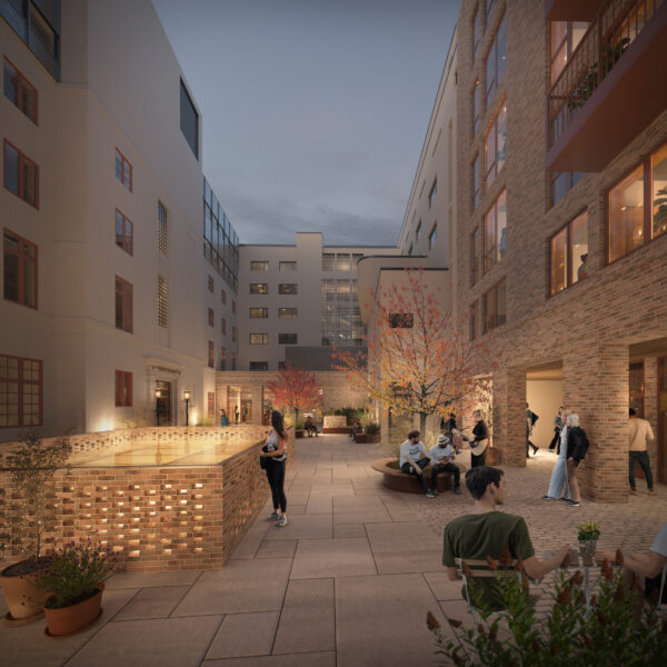Normisjonskvartalet, illustrasjon av gårdsrommet om kvelden. Ingenia var rådgivende ingeniør for vann og avløp