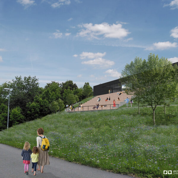 Skøyenåsen skole, illustrasjon av amfi i skråning. Ingenia var rådgivende ingeniør for vann og avløp