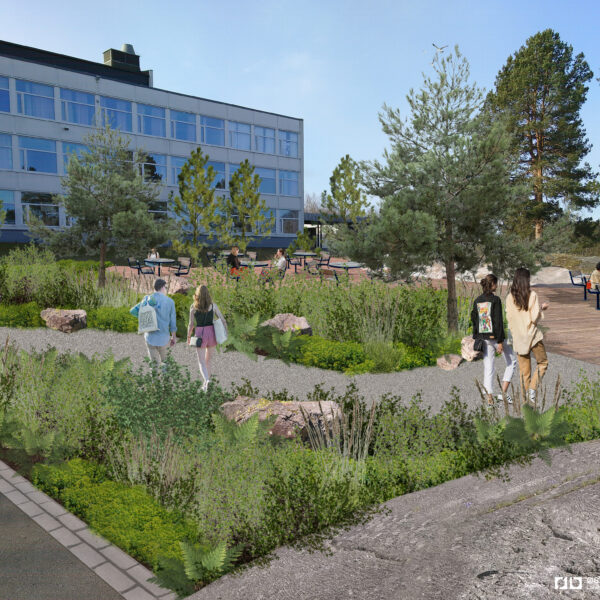 Skøyenåsen skole, illustrasjon av skolegård mot nord. Ingenia var rådgivende ingeniør for vann og avløp