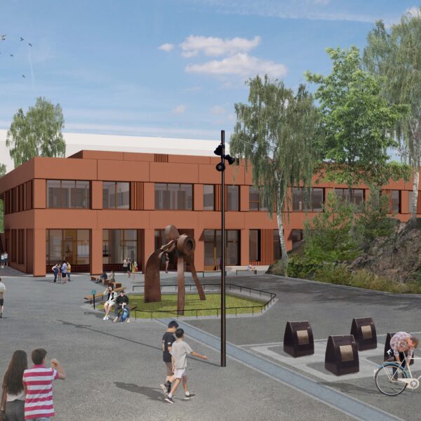 Skøyenåsen skole, illustrasjon av forplassen med skulptur