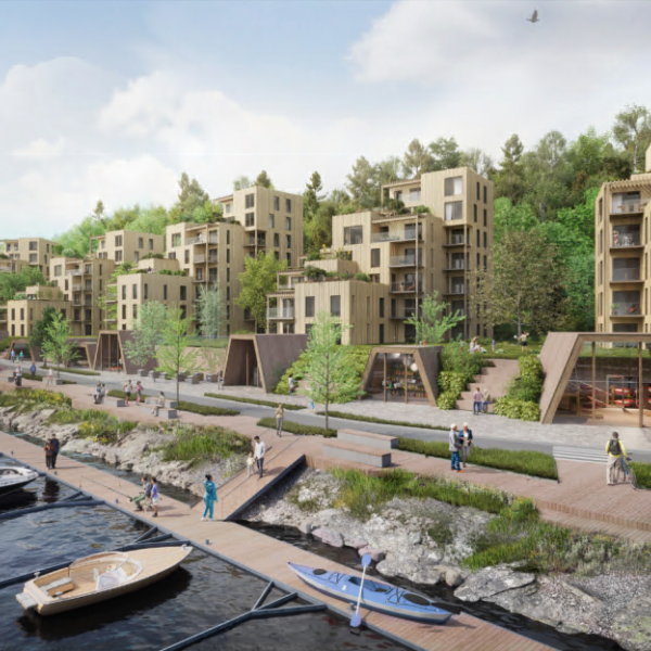 Bjerkåsholmen, illustrasjon av brygge og boliger. Ingenia var rådgivende ingeniør for vann og avløp og bygningsfysikk