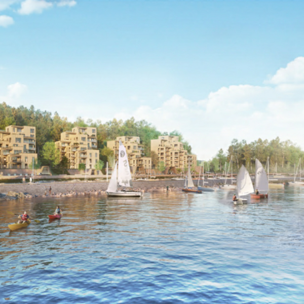 Bjerkåsholmen, illustrasjon av boliger og seilbåter i sundet. Ingenia var rådgivende ingeniør for vann og avløp og bygningsfysikk