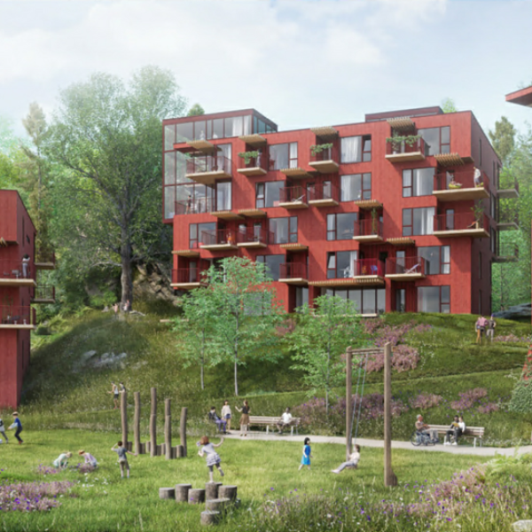 Bjerkåsholmen, illustrasjon av nye boligblokker ved sjøen. Ingenia var rådgivende ingeniør for vann og avløp og bygningsfysikk