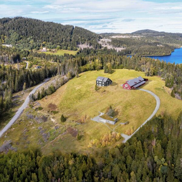 Trantjern gård, flyfoto av gårdstun med skog og sjø. Ingenia var rådgivende ingeniør for vann og avløp og bygningsfysikk