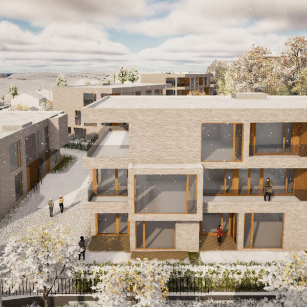 Hukenveien 7, illustrasjon av leilighetsbygg med balkonger. Ingenia var rådgivende ingeniør for vann og avløp, overvann og energi