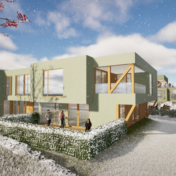 Hukenveien 7, illustrasjon av boligbygg om vinteren. Ingenia var rådgivende ingeniør for vann og avløp, overvann og energi