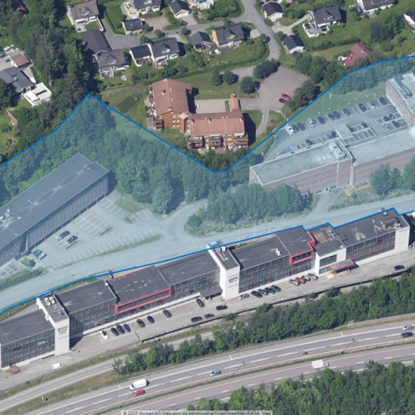Solbråveien 10-26, flyfoto med planområdet markert. Ingenia var rådgivende ingeniør for miljø