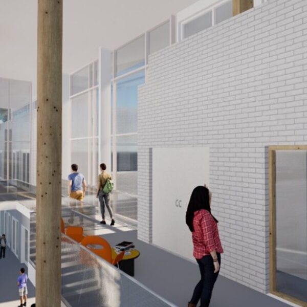 Flåtestad skole, illustrasjon av innvendig gangsone. Ingenia var rådgivende ingeniør for brann, VVS og vann og avløp