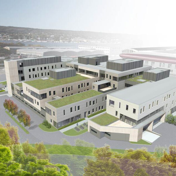 Helsehuset Fredrikstad, illustrasjon av anlegget sett ovenfra. Ingenia var rådgivende ingeniør for VVS, ventilasjon og energi